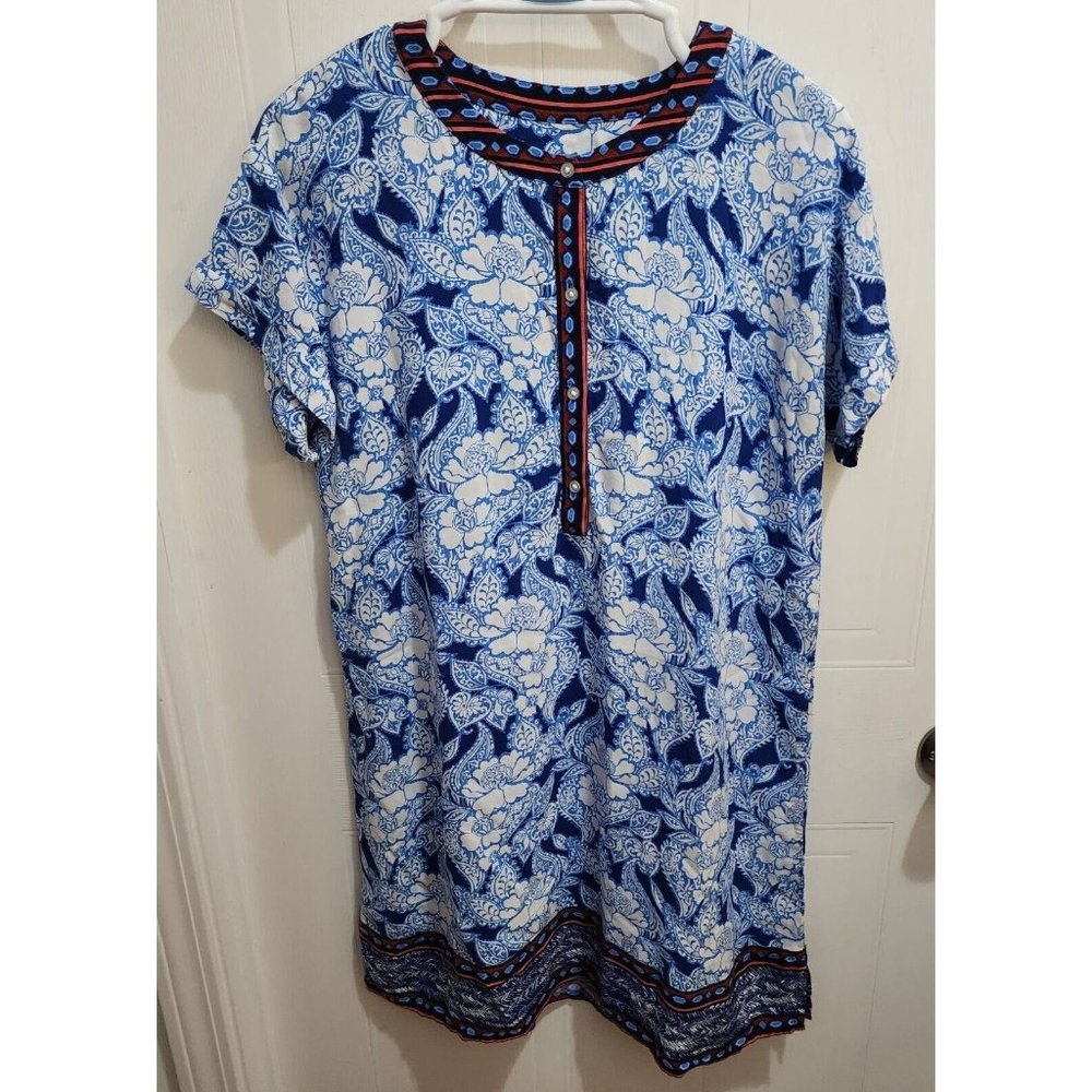 LOFT Beach Women's Short Sleeve Tunic Midi Dress Blue Floral Rayon Size‎ M